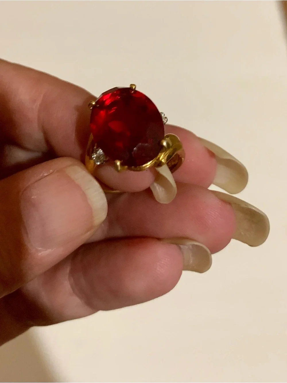Vintage Gold Cocktail Ring with Deep Red Oval Gemstone #0027